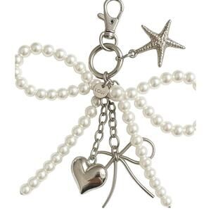 New Pearl bow purse jewelry with silver toned puffed heart starfish LOVE stamped